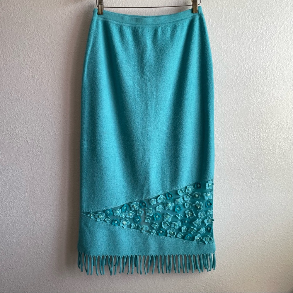 Teri Jon Turquoise Wool Beaded Fringe Midi Skirt with Floral Appliqué Panel